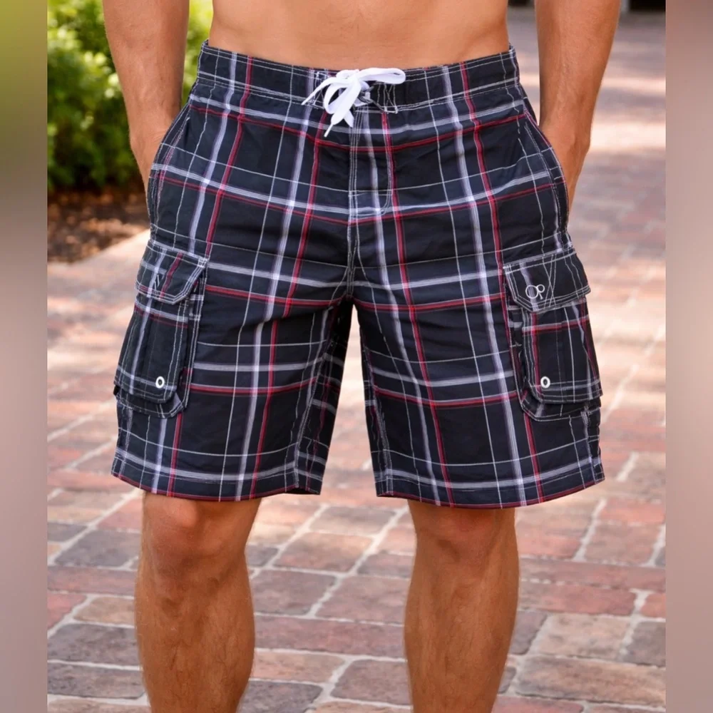 OP Board Shorts Black w/ Red White & Grey Stripes Four Pockets Men's Sz 36/38